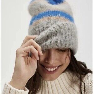 Free People Beanie Groove Stripe Hat One Size Gray Blue Knit Womens Unisex NWT